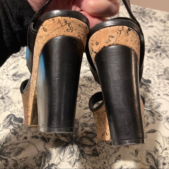 DONNA KARAN Sz 37.5 Chunky Heel Platform Strappy Leather & Elastic Sandals - Picture 10 of 13